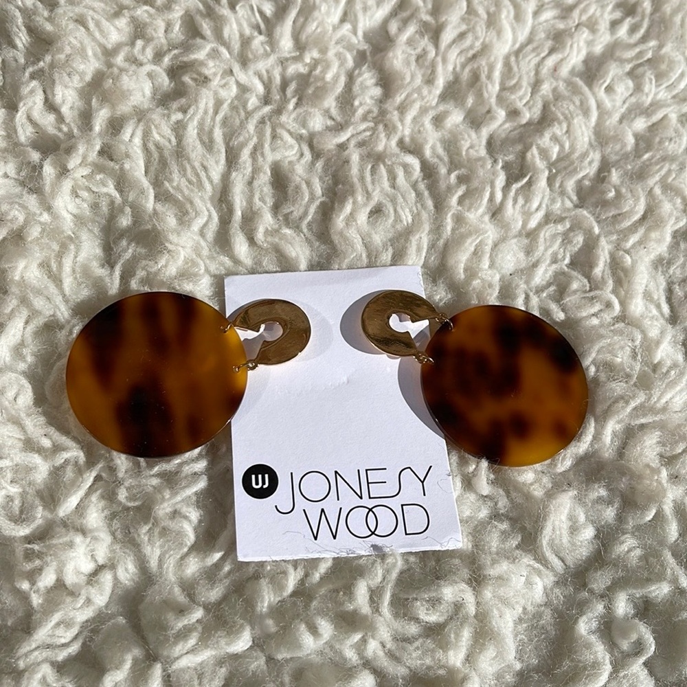 Jonesy Wood Acrylic Disc Dangler Gold Tone Circle  Stud Earrings